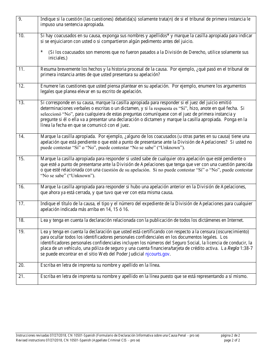 Form 10500 Appendix VIII Criminal Case Information Statement - New Jersey (English / Spanish), Page 2