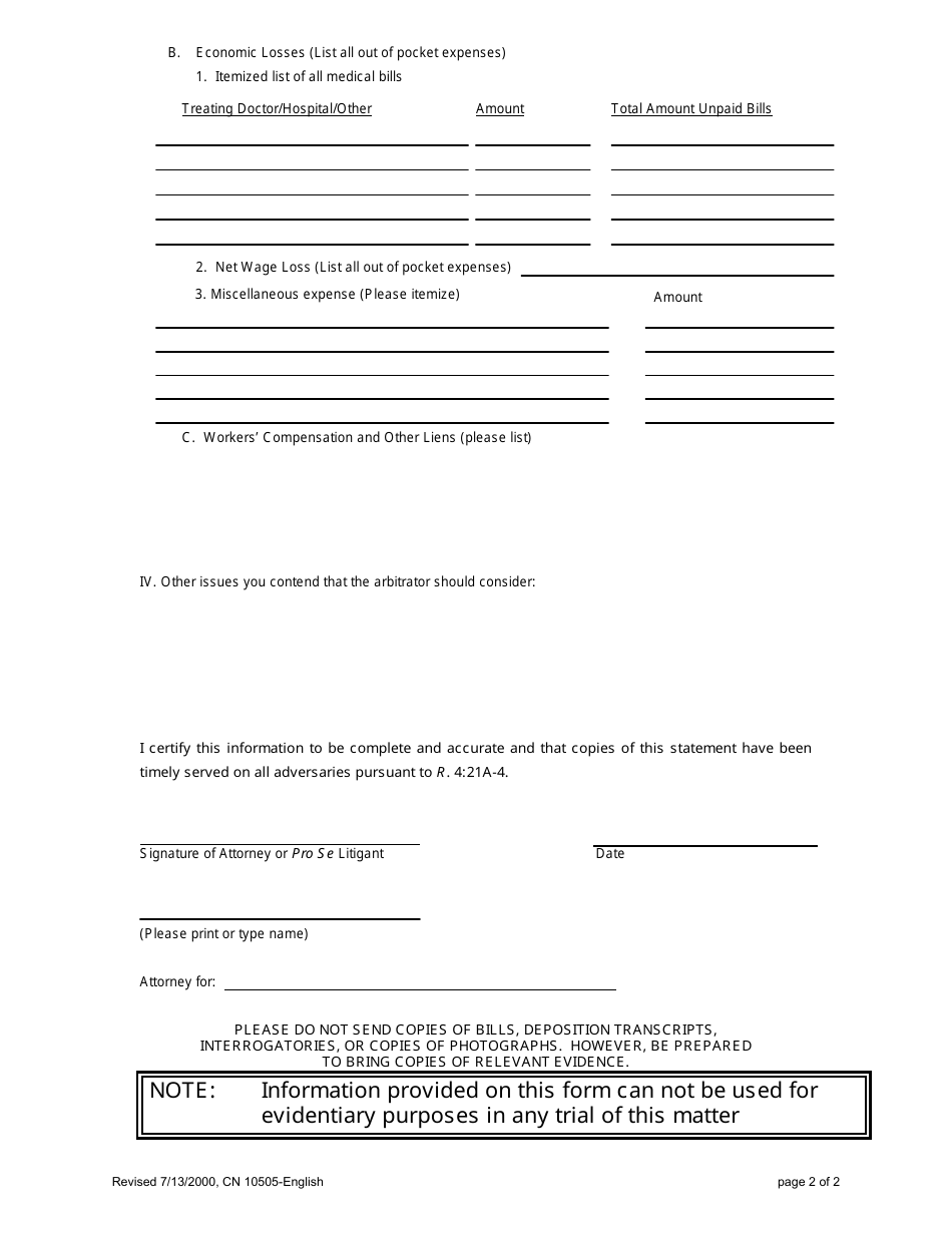 Form 10505 Uniform Arbitration Statement of Facts - New Jersey, Page 2