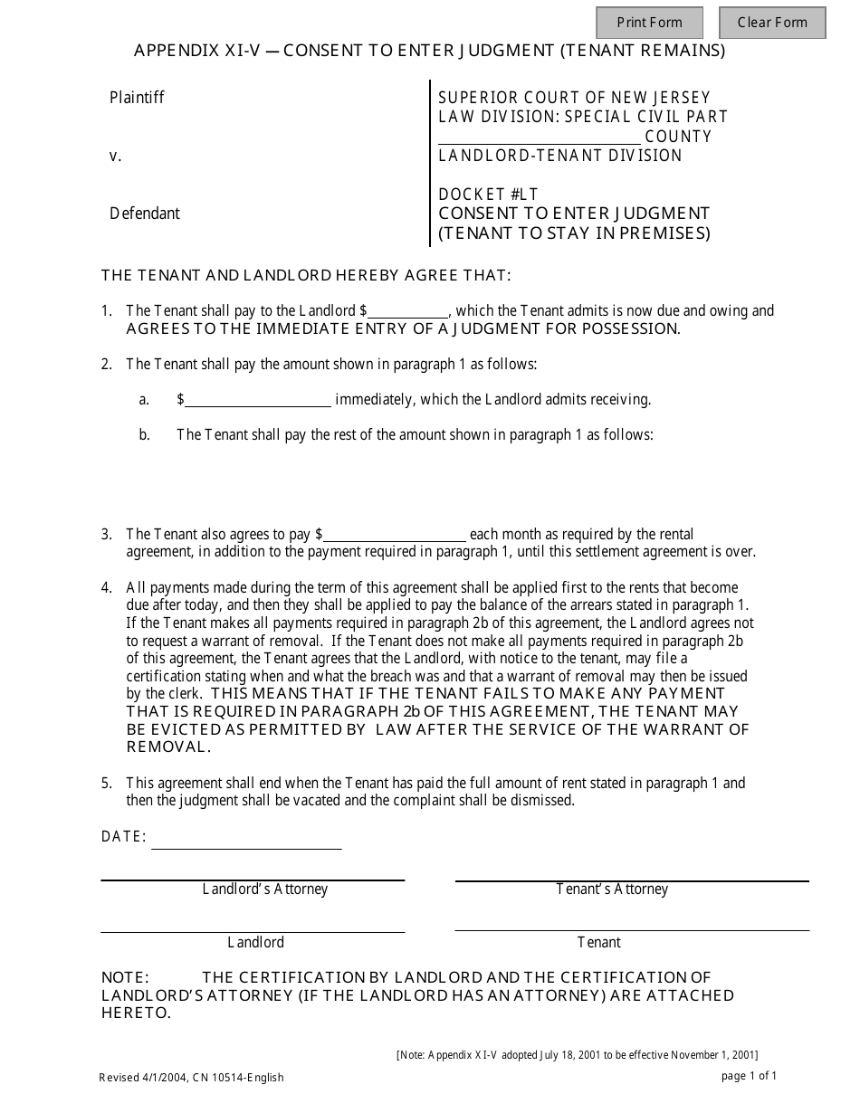 Form 10514 Appendix XI-V Consent to Enter Judgment (Tenant to Stay in Premises) - New Jersey, Page 1