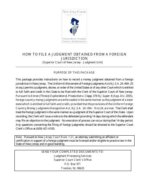 Form A (10519) Affidavit in Support of Application to Record a Foreign Judgment in New Jersey - New Jersey