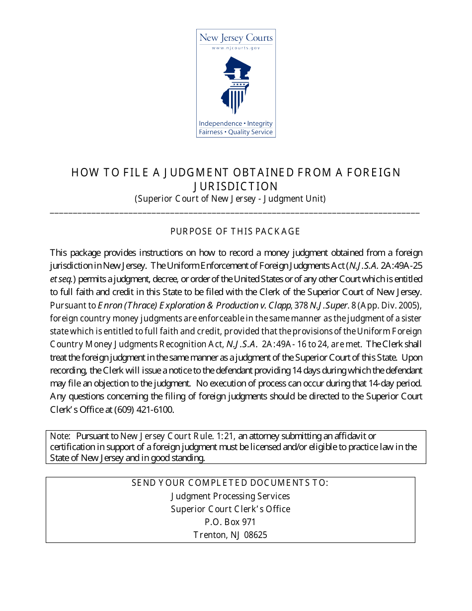 Form A (10519) Affidavit in Support of Application to Record a Foreign Judgment in New Jersey - New Jersey, Page 1