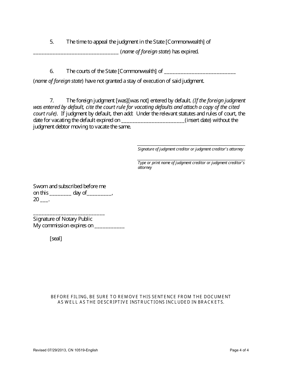 Form A (10519) Affidavit in Support of Application to Record a Foreign Judgment in New Jersey - New Jersey, Page 4