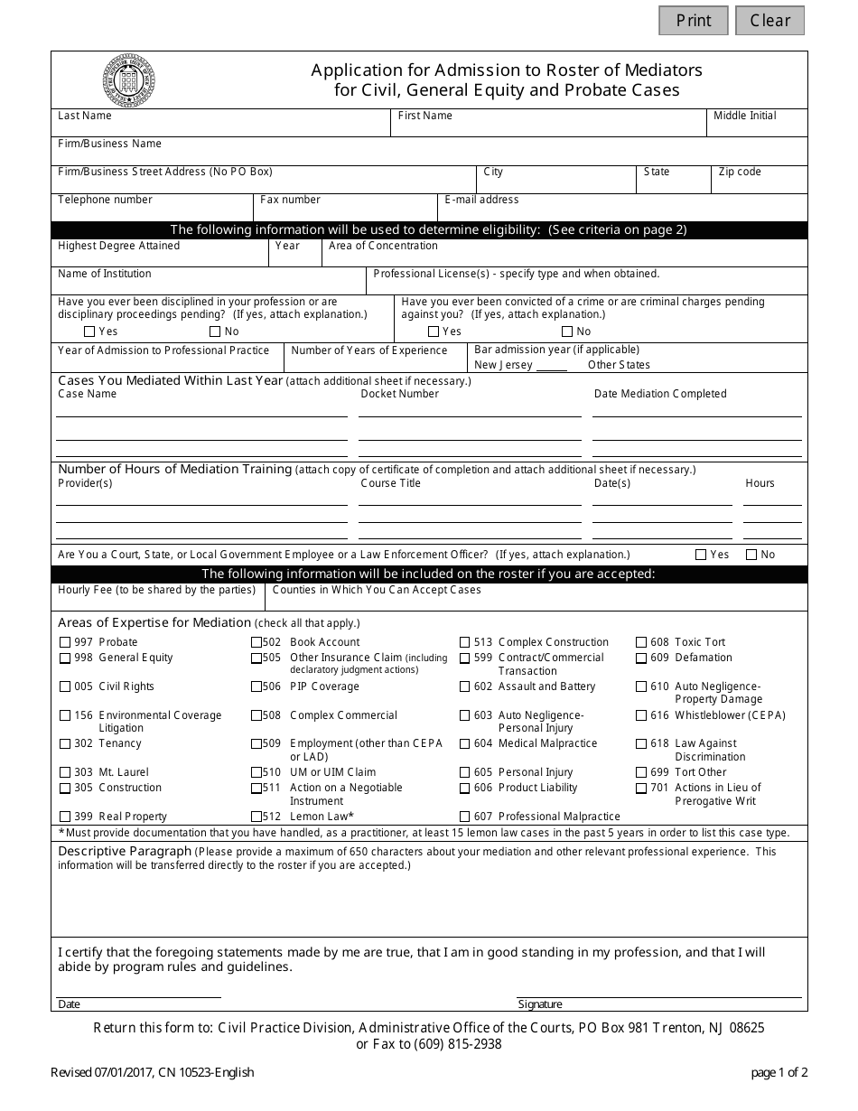 Form 10523 Application for Admission to Roster of Mediators for Civil, General Equity and Probate Cases - New Jersey, Page 1