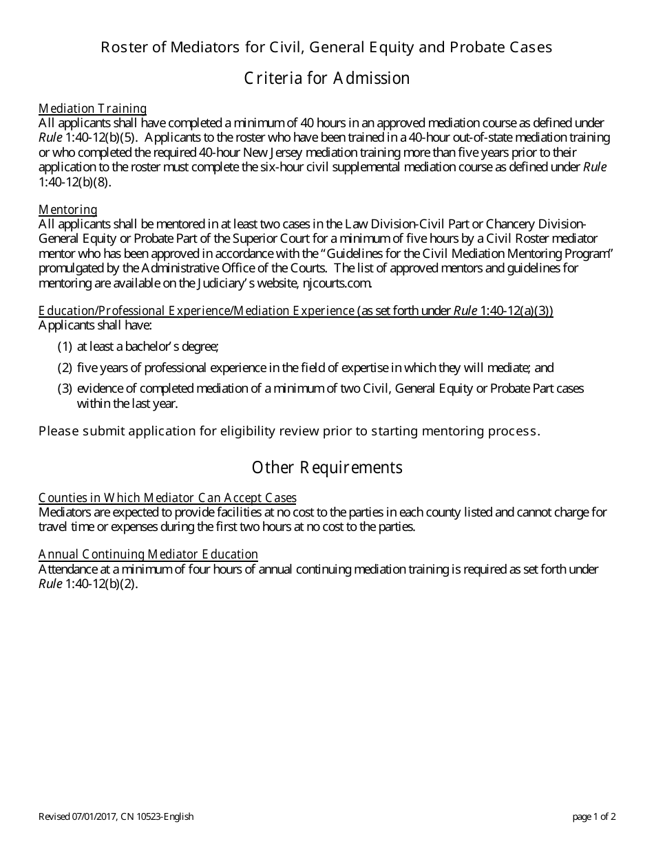 Form 10523 Application for Admission to Roster of Mediators for Civil, General Equity and Probate Cases - New Jersey, Page 2