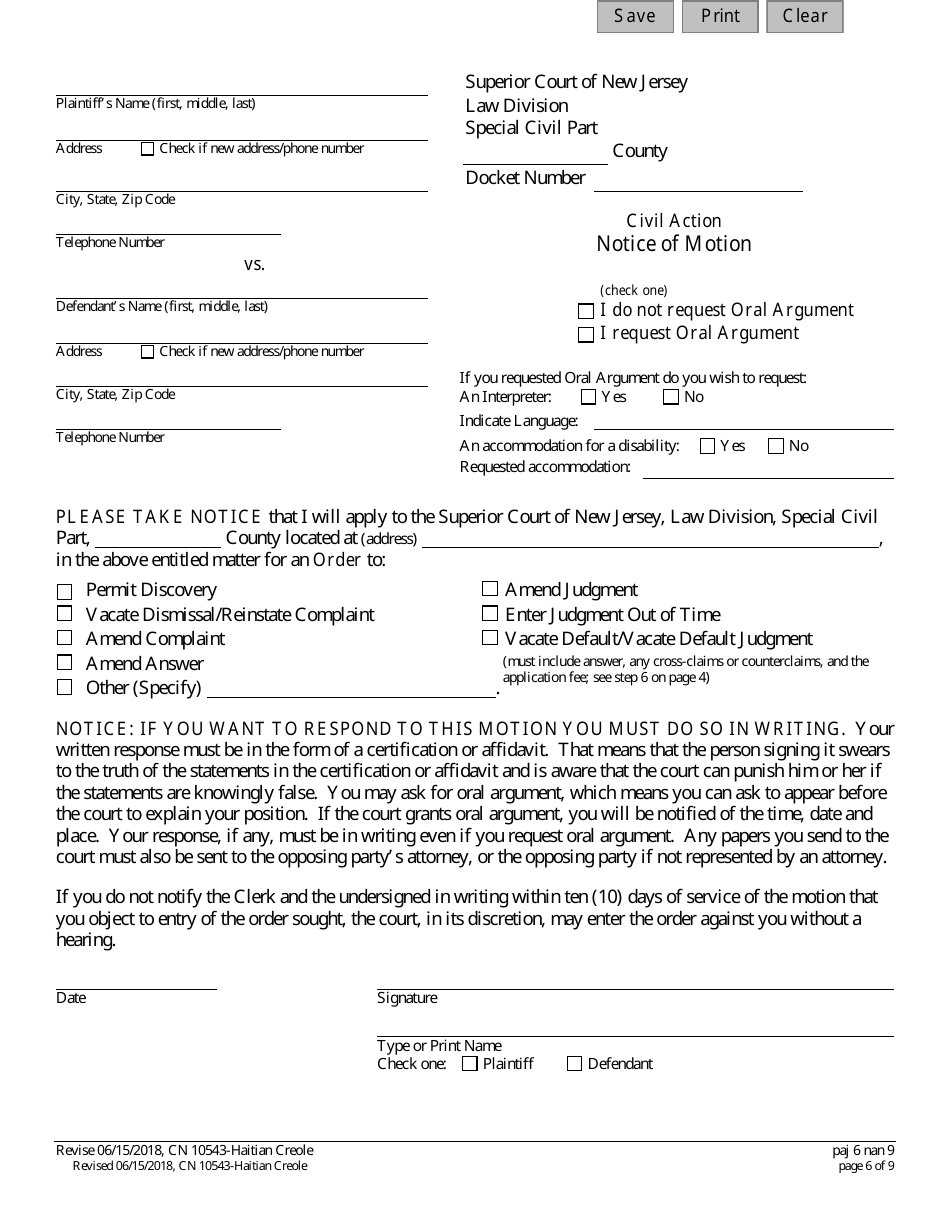 Form A (10543) Notice of Motion - New Jersey (English / Haitian Creole), Page 6
