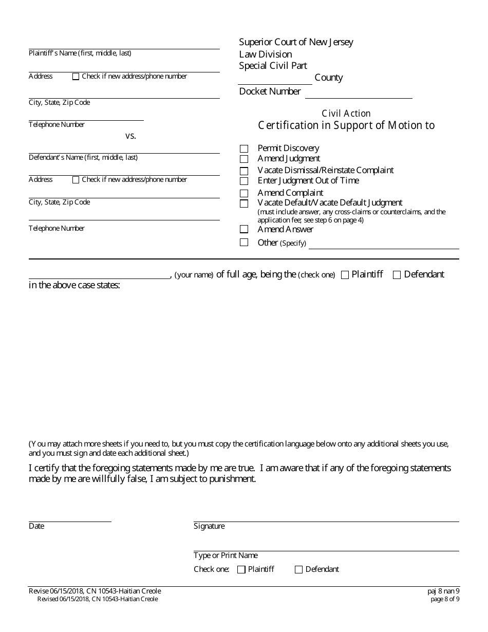 Form A (10543) Notice of Motion - New Jersey (English / Haitian Creole), Page 8