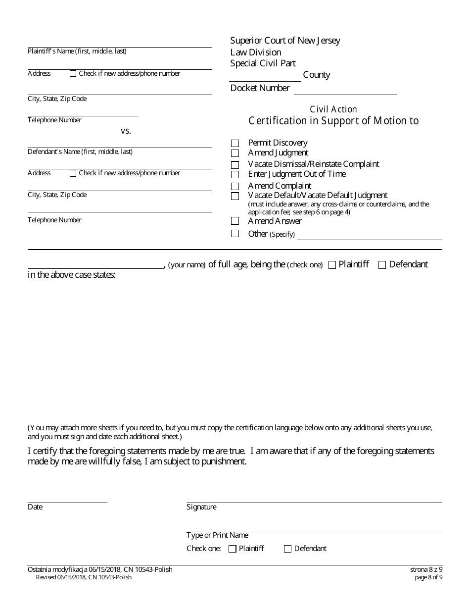 Form A (10543) Notice of Motion - New Jersey (English / Polish), Page 8