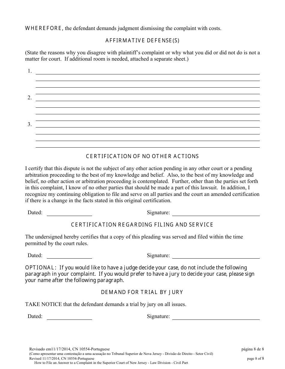 Form A Answer - New Jersey (English / Portuguese), Page 8