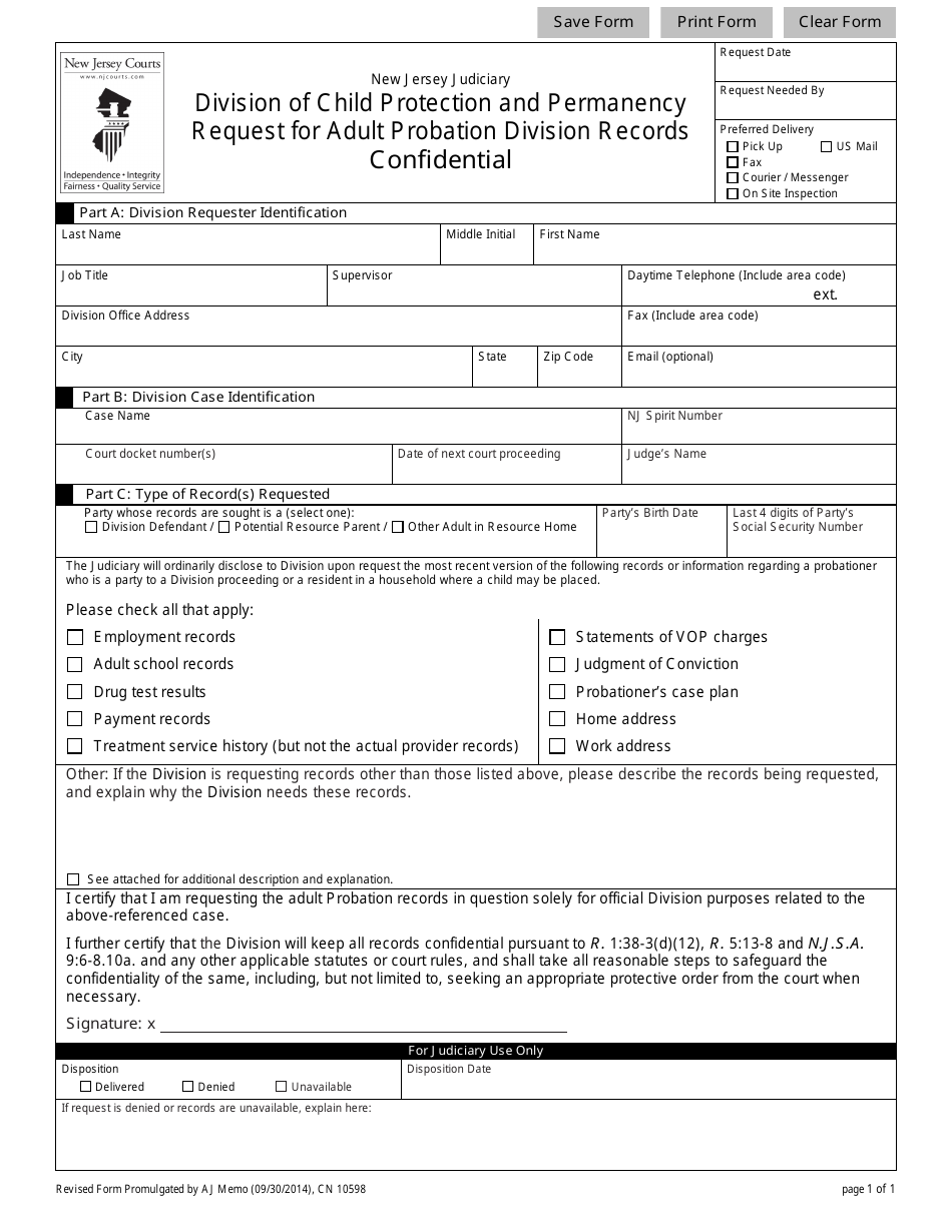 Form 10598 Request for Adult Probation Division Records - New Jersey, Page 1