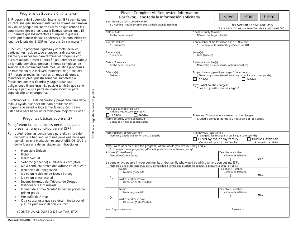 Form 10685 Application for Intensive Supervision Program - New Jersey (English / Spanish), Page 2