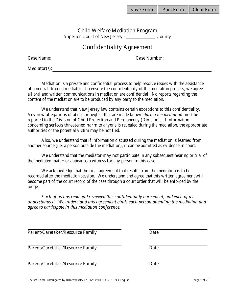 Form 10743 Child Welfare Mediation Confidentiality Agreement - New Jersey, Page 1