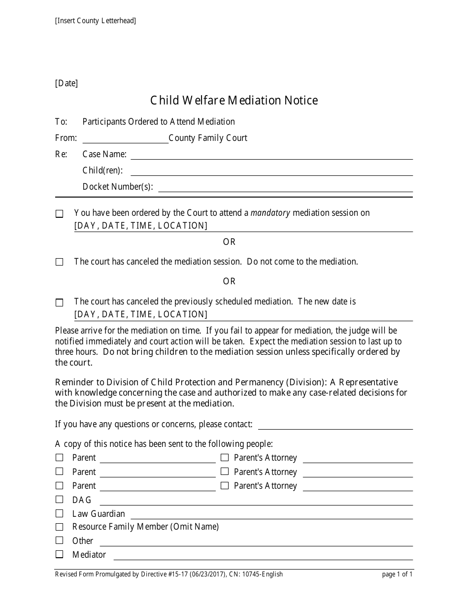 Form 10745 Child Welfare Mediation Notice - New Jersey, Page 1