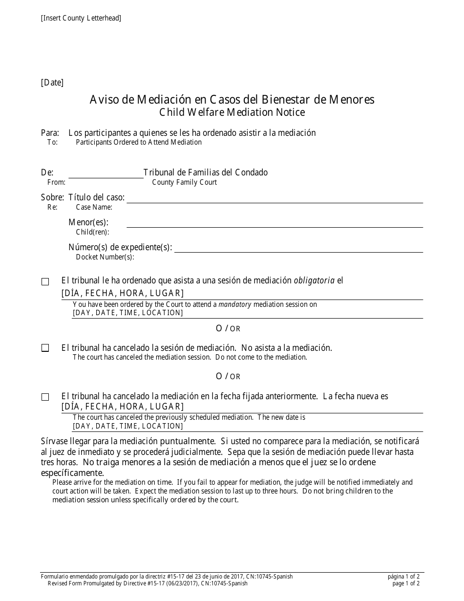 Form CN:10745 Child Welfare Mediation Notice - New Jersey (English / Spanish), Page 1