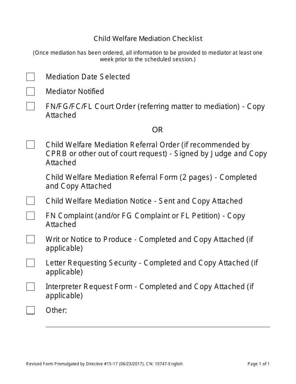Form 10747 Child Welfare Mediation Checklist - New Jersey, Page 1