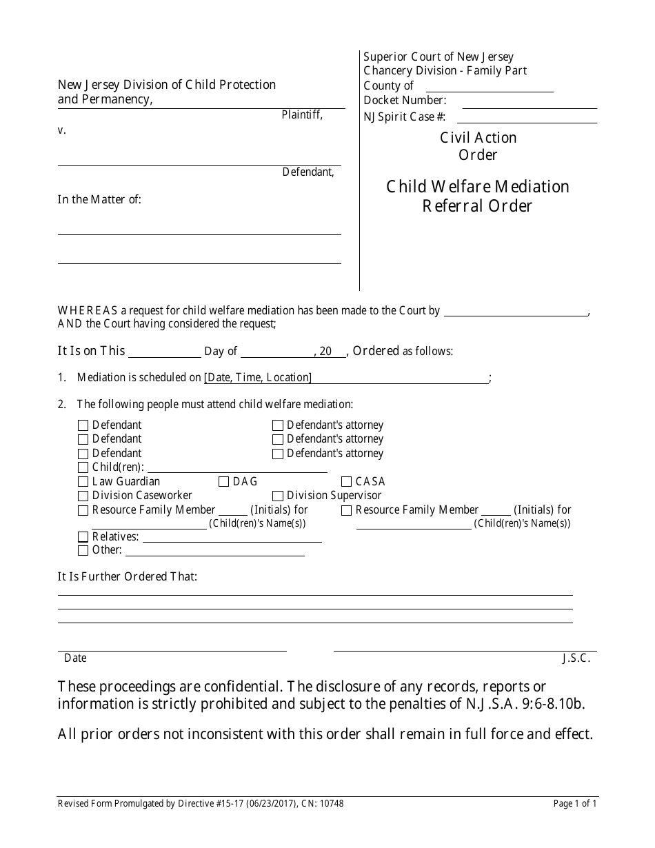 Form CN:10748 Child Welfare Mediation Referral Order - New Jersey, Page 1