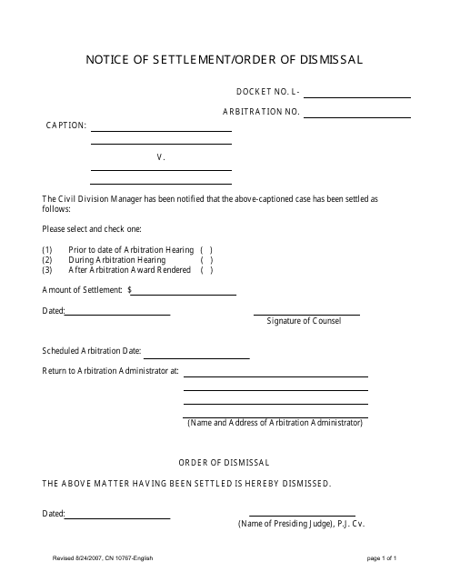 Form 10767 Notice of Settlement/Order of Dismissal - New Jersey
