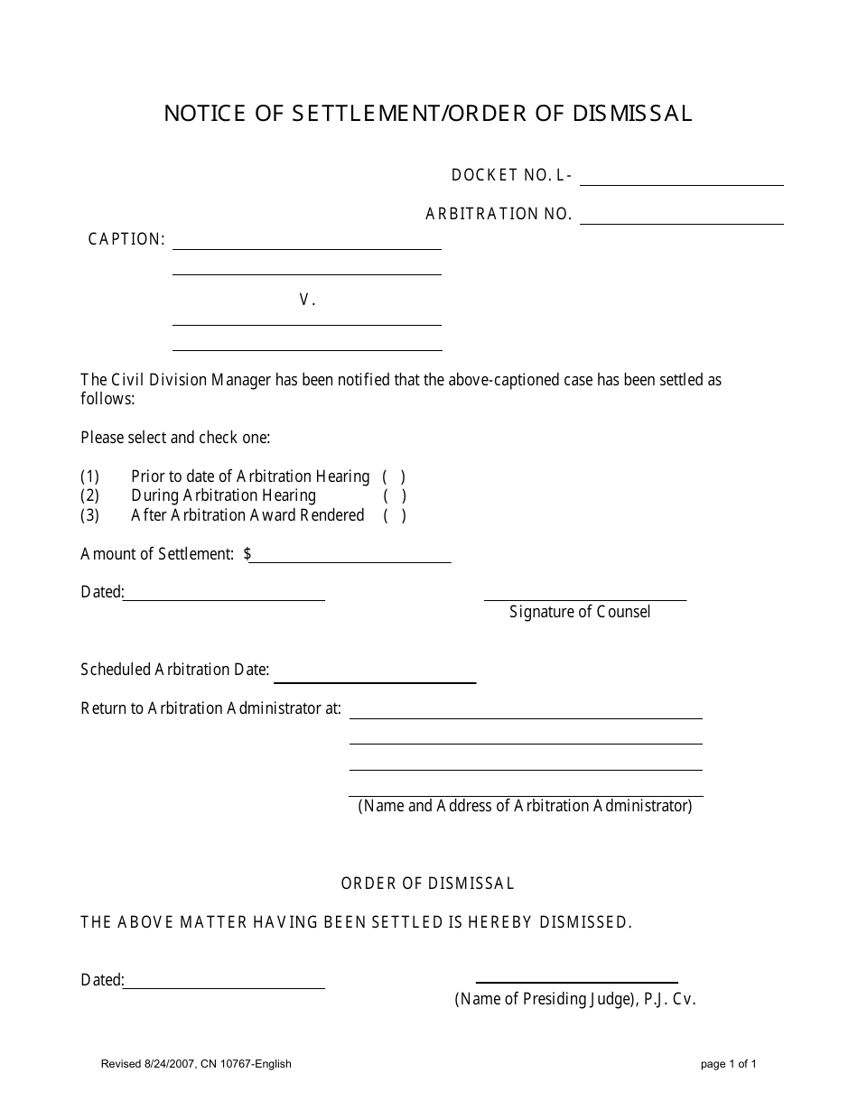 Form 10767 Notice of Settlement / Order of Dismissal - New Jersey, Page 1