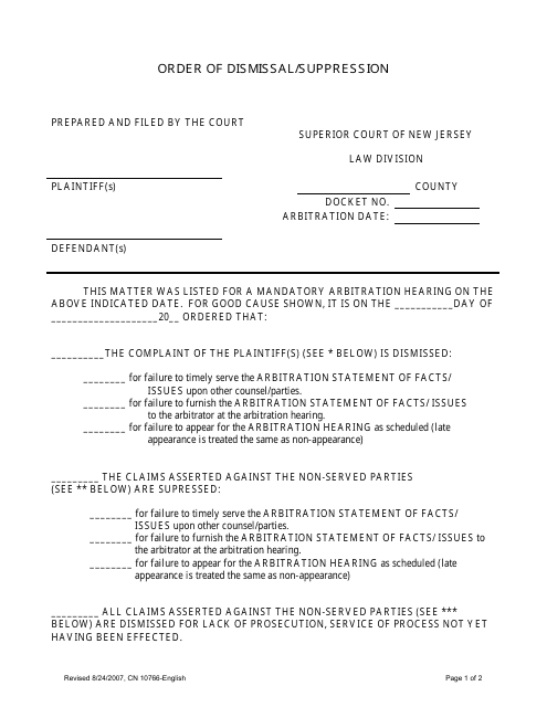 Form 10766 Order of Dismissal/Suppression - New Jersey
