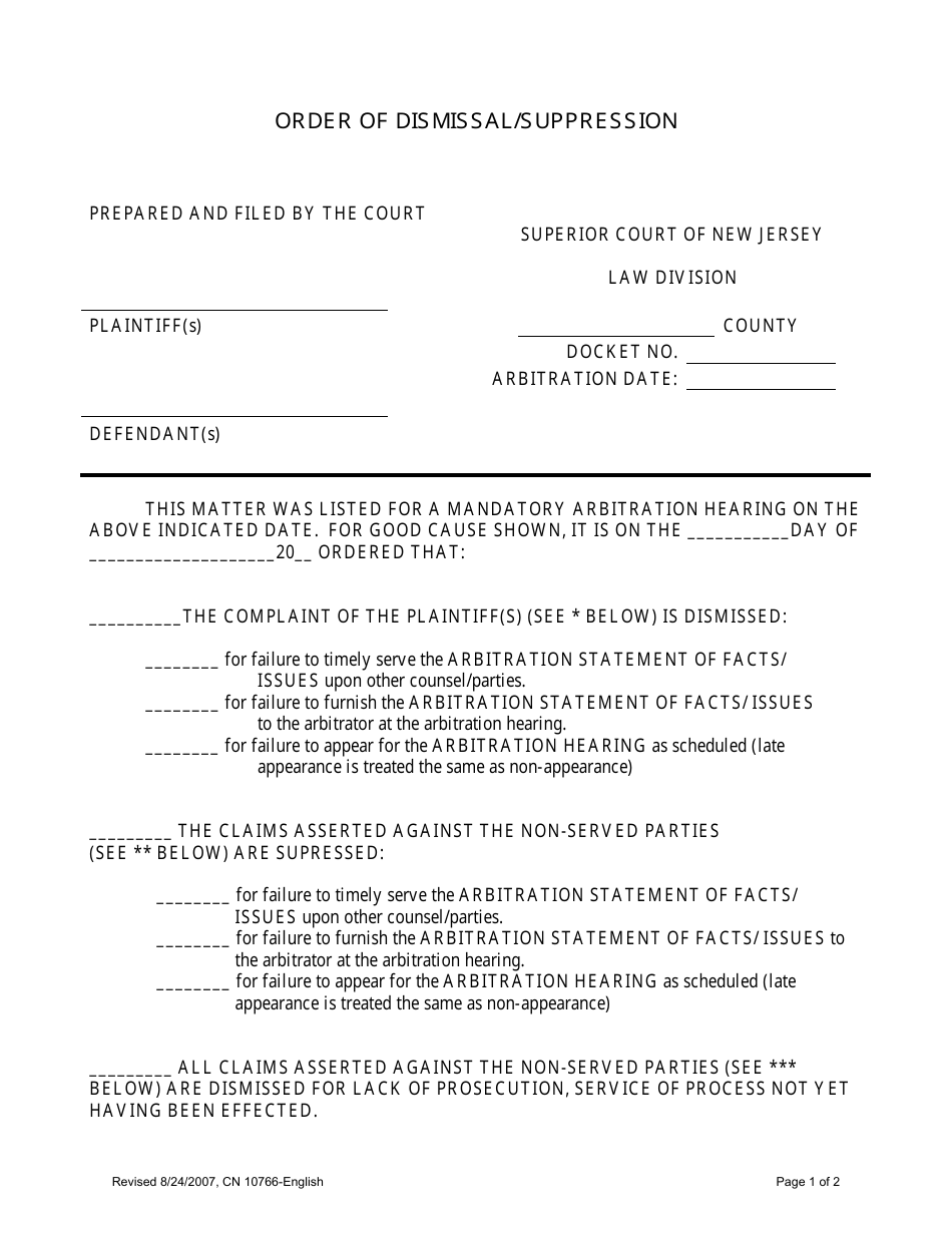 Form 10766 Order of Dismissal / Suppression - New Jersey, Page 1