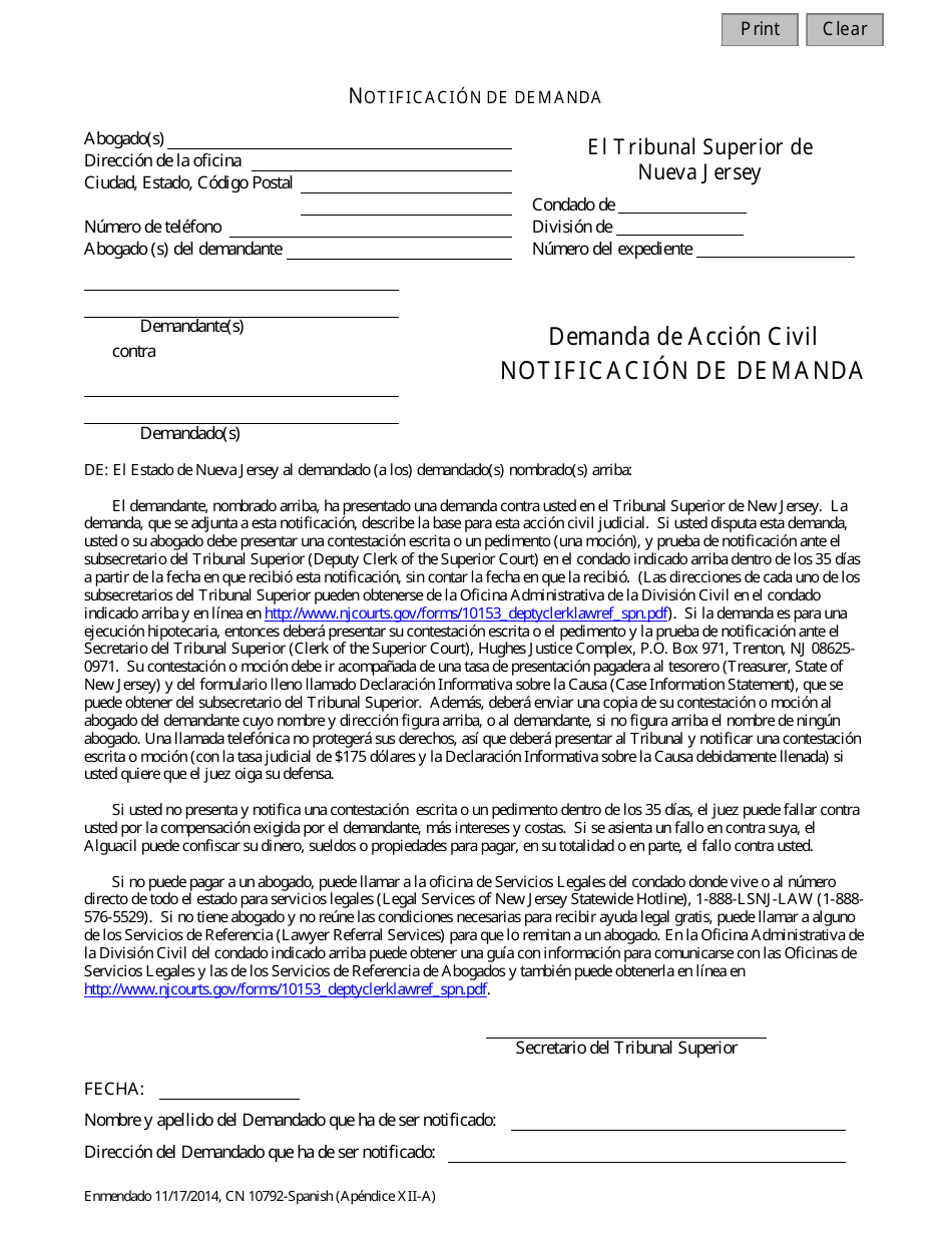 Formulario 10792 Apendice XII-A Notificacion De Demanda - New Jersey (Spanish), Page 1