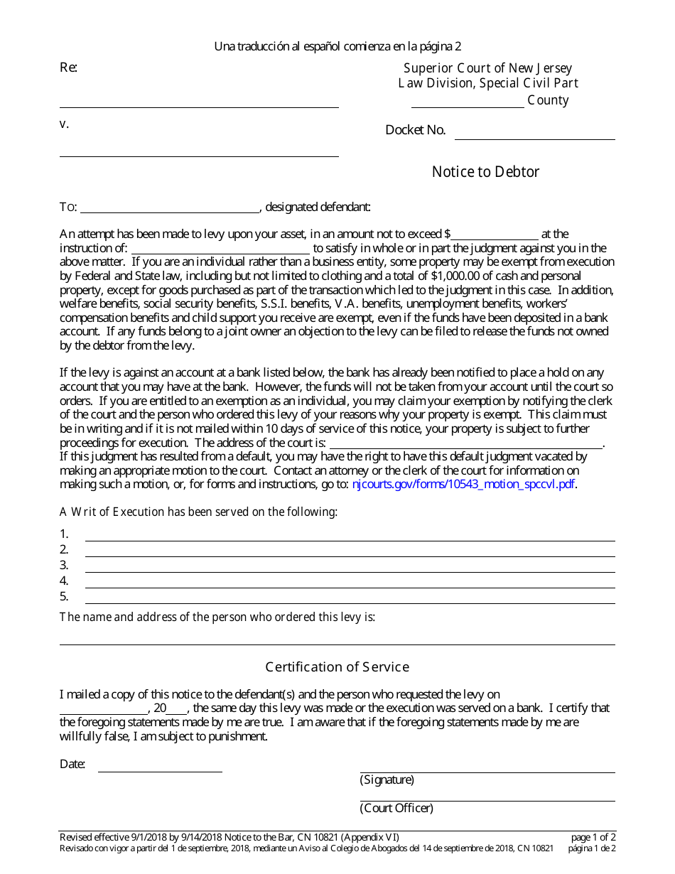 Form 10821 Appendix VI Notice to Debtor - New Jersey (English / Spanish), Page 1