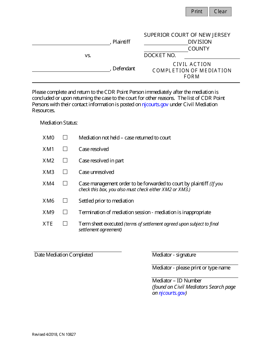 Form 10827 Completion of Mediation Form - New Jersey, Page 1