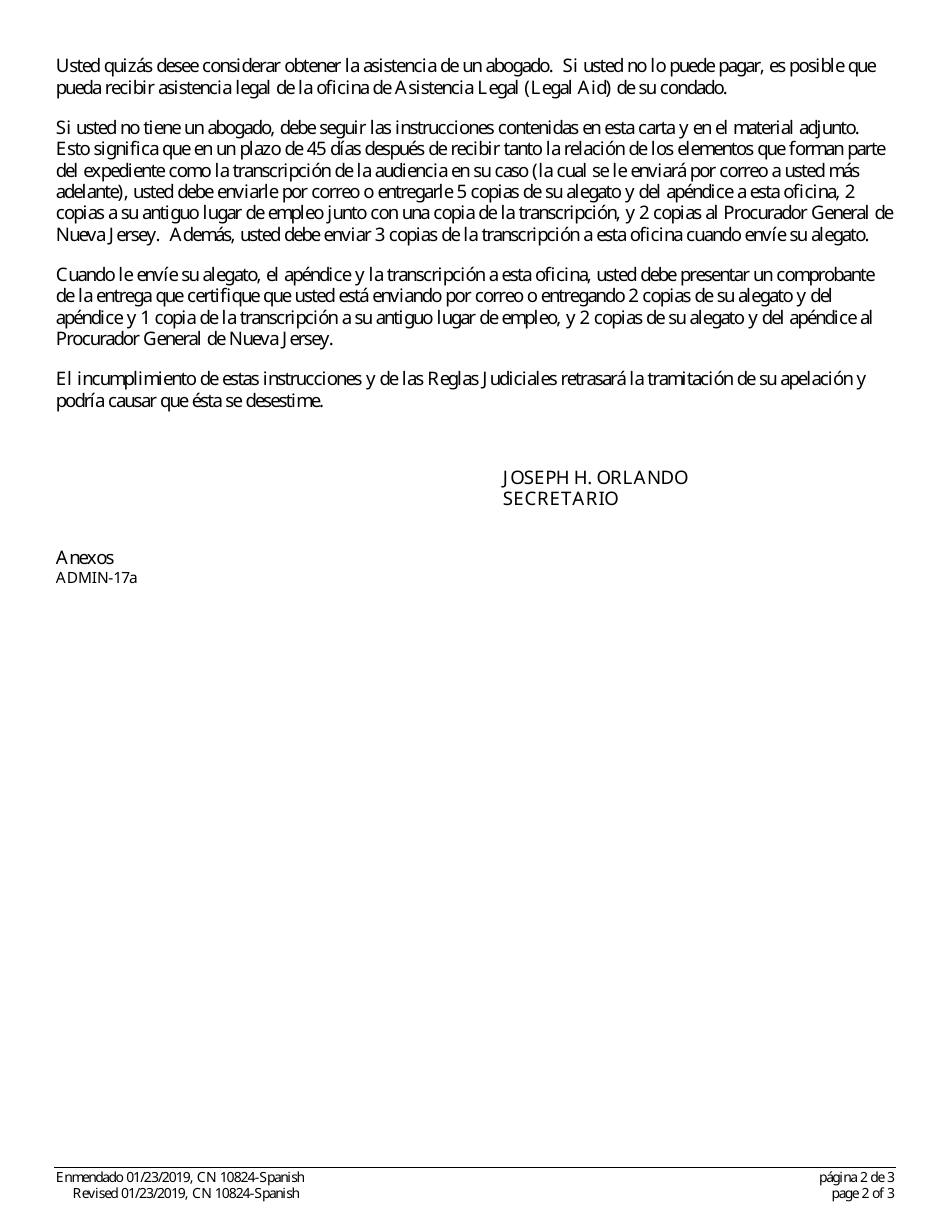 Form 10824 Notice of Appeal - New Jersey (English / Spanish), Page 2
