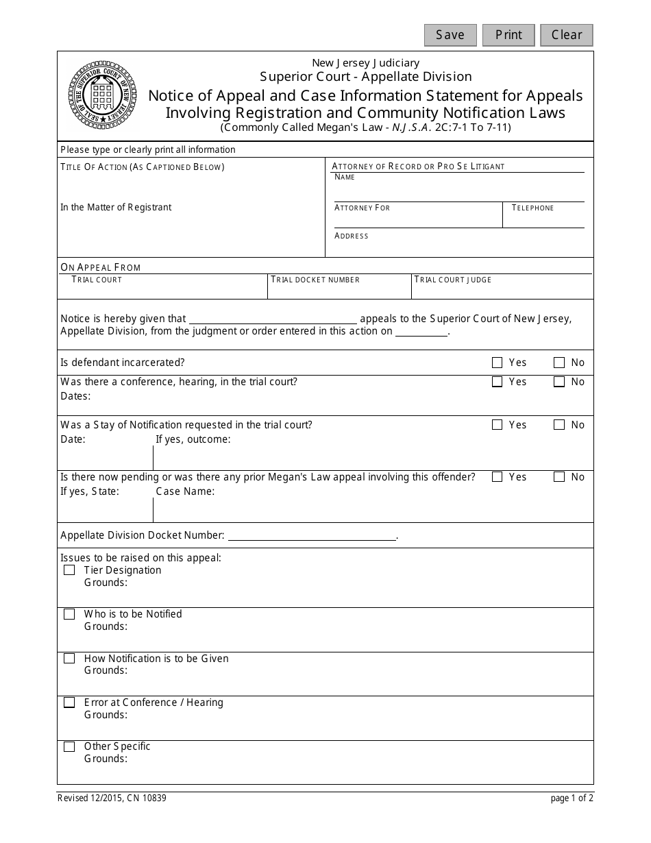 Form 10839 Notice of Appeal and Case Information Statement (Cis) for Appeals Involving Registration and Community Notification Laws (Megan's Law) - New Jersey, Page 1