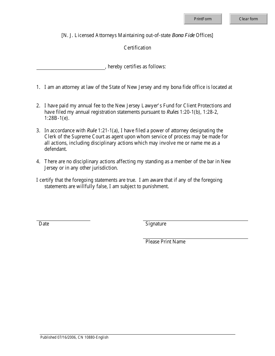 Form 10880 Notice and Certification to Out-of-State Counsel Licensed in New Jersey - New Jersey, Page 3