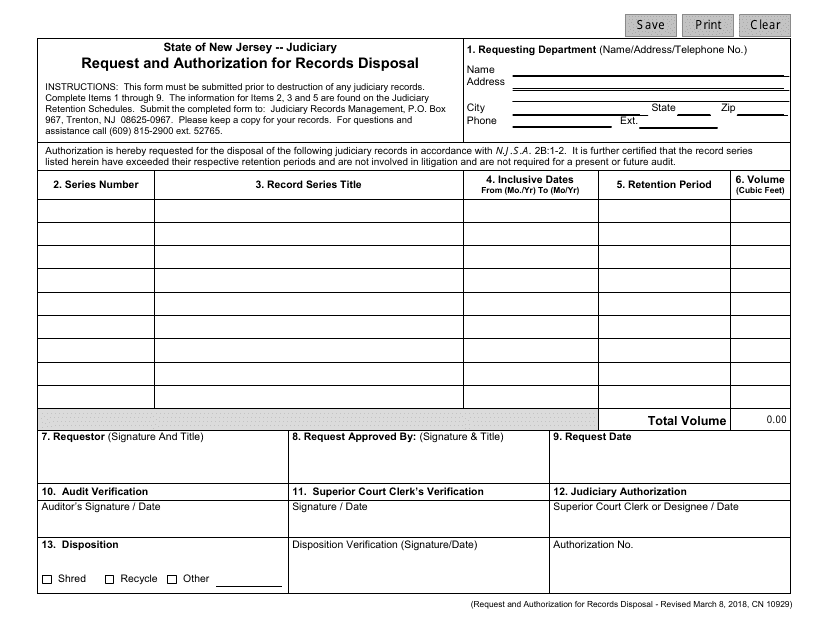Form 10929 Request and Authorization for Records Disposal - New Jersey