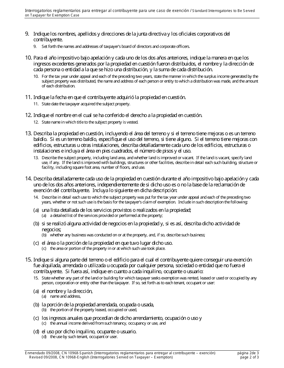 Form 10968 Standard Interrogatories to Be Served on Taxpayer for Exemption Case - New Jersey (English / Spanish), Page 2