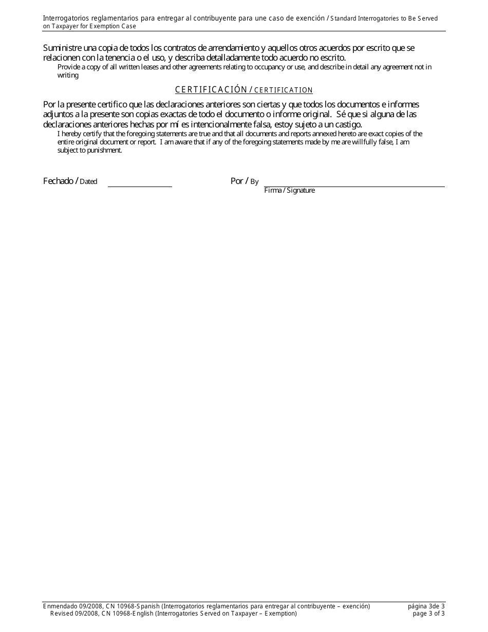 Form 10968 Standard Interrogatories to Be Served on Taxpayer for Exemption Case - New Jersey (English / Spanish), Page 3