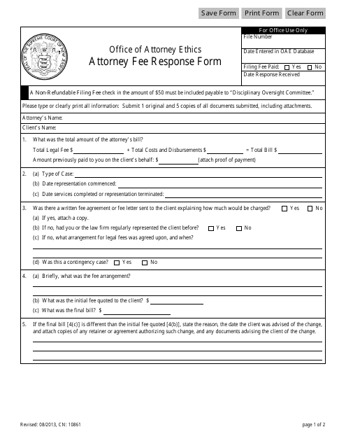 Form CN:10861 Attorney Fee Response Form - New Jersey
