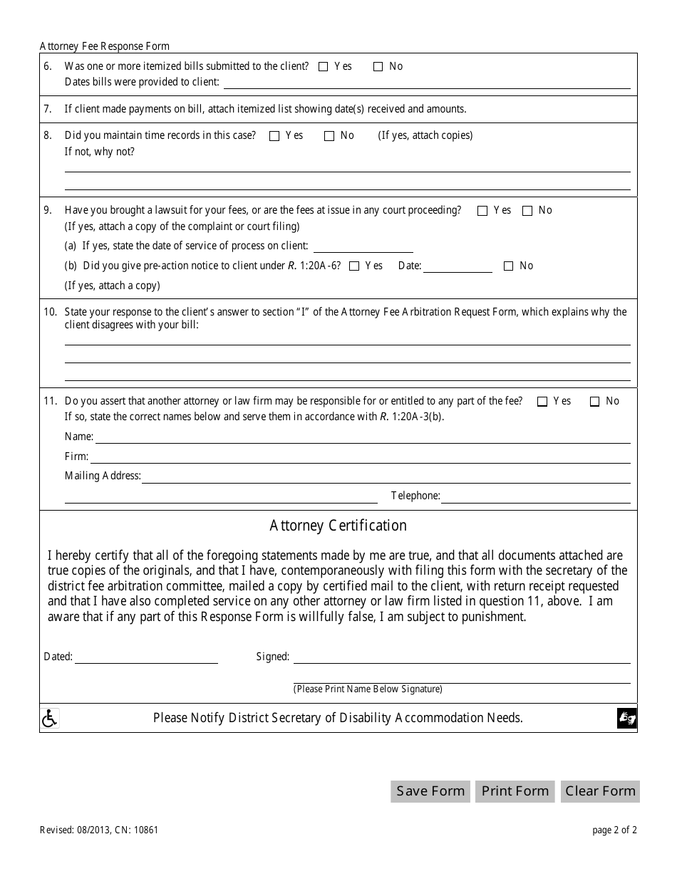 Form CN:10861 Attorney Fee Response Form - New Jersey, Page 2