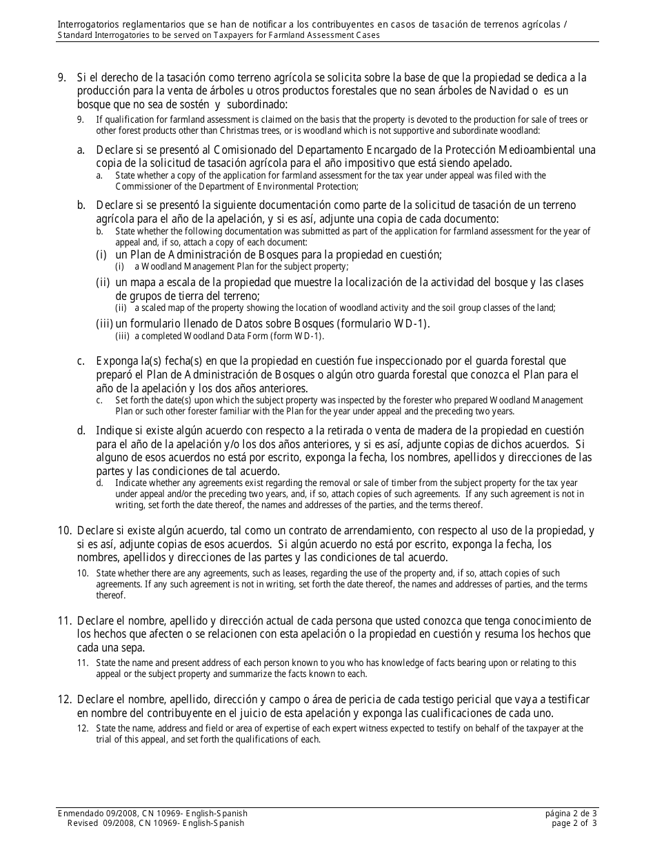 Form 10969 Standard Interrogatories to Be Served on Taxpayers for Farmland Assessment Cases - New Jersey (English / Spanish), Page 2
