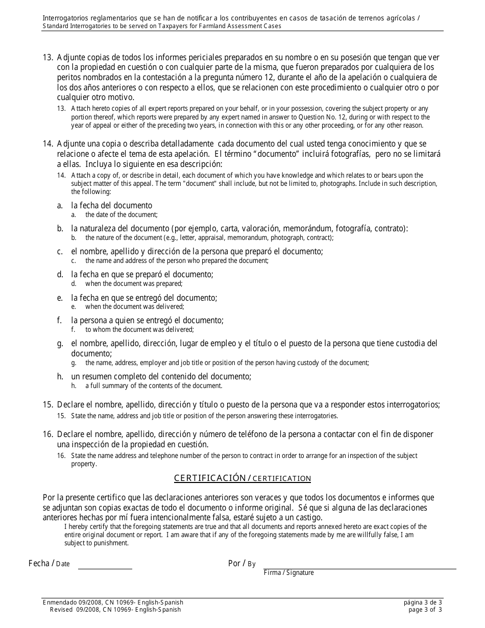 Form 10969 Standard Interrogatories to Be Served on Taxpayers for Farmland Assessment Cases - New Jersey (English / Spanish), Page 3