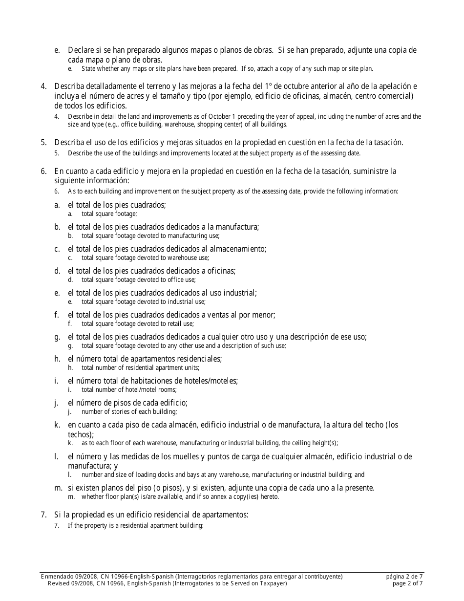 Form 10966 Standard Interrogatories to Be Served on Taxpayer - New Jersey (English / Spanish), Page 2