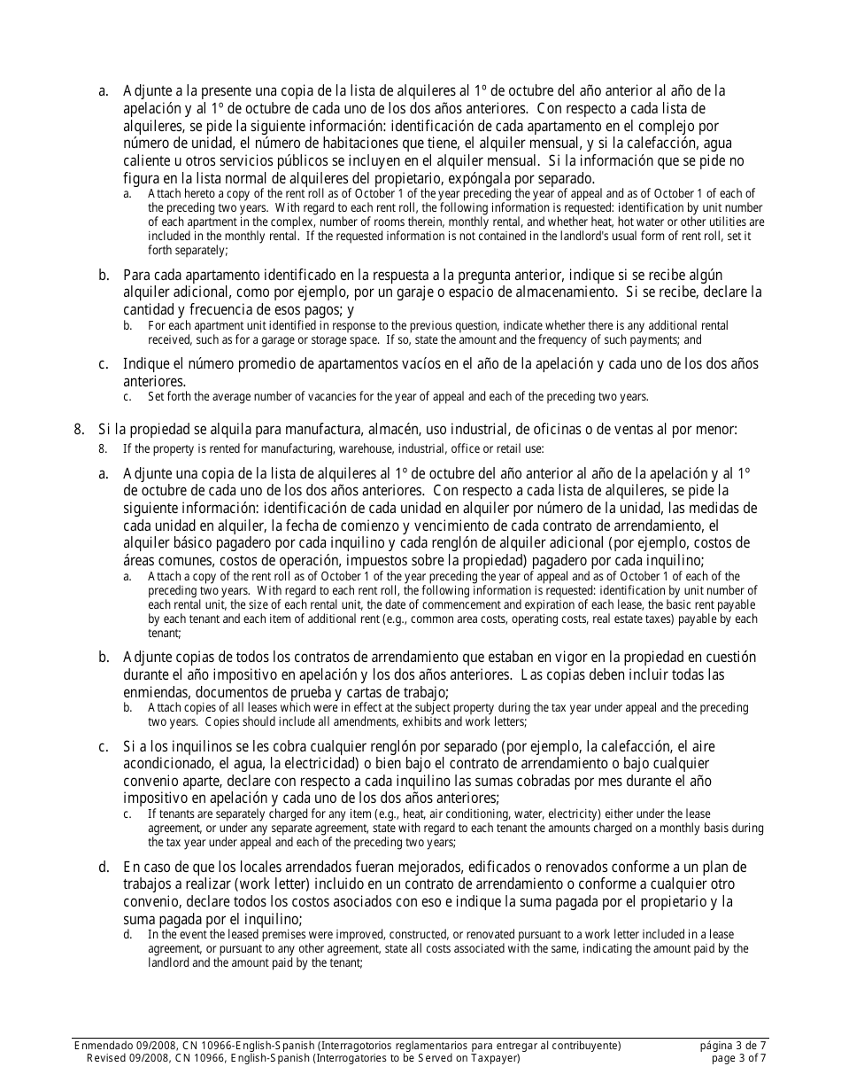 Form 10966 Standard Interrogatories to Be Served on Taxpayer - New Jersey (English / Spanish), Page 3