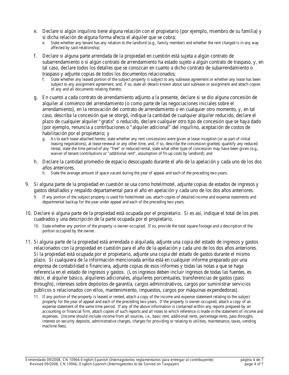 Form 10966 Standard Interrogatories to Be Served on Taxpayer - New Jersey (English / Spanish), Page 4