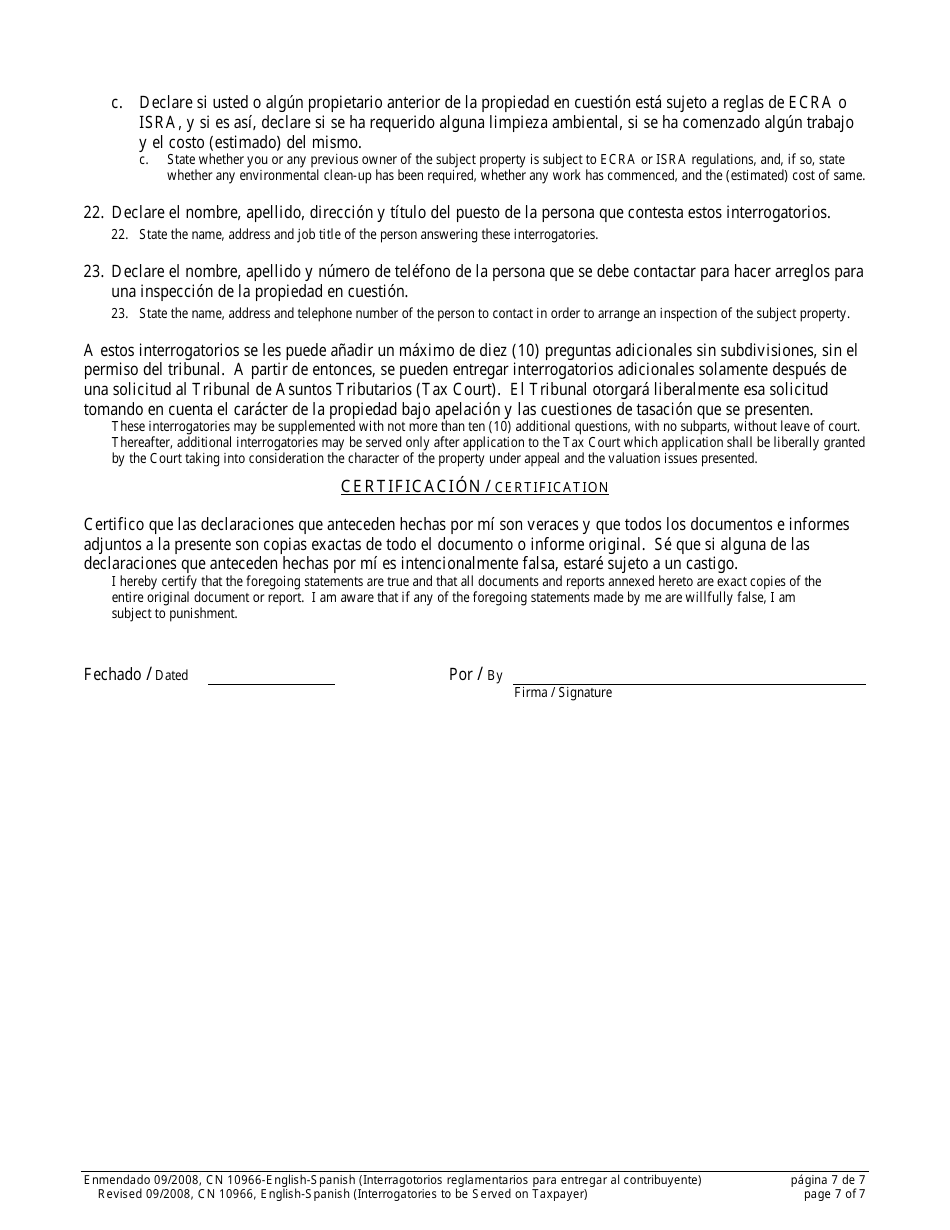 Form 10966 Standard Interrogatories to Be Served on Taxpayer - New Jersey (English / Spanish), Page 7