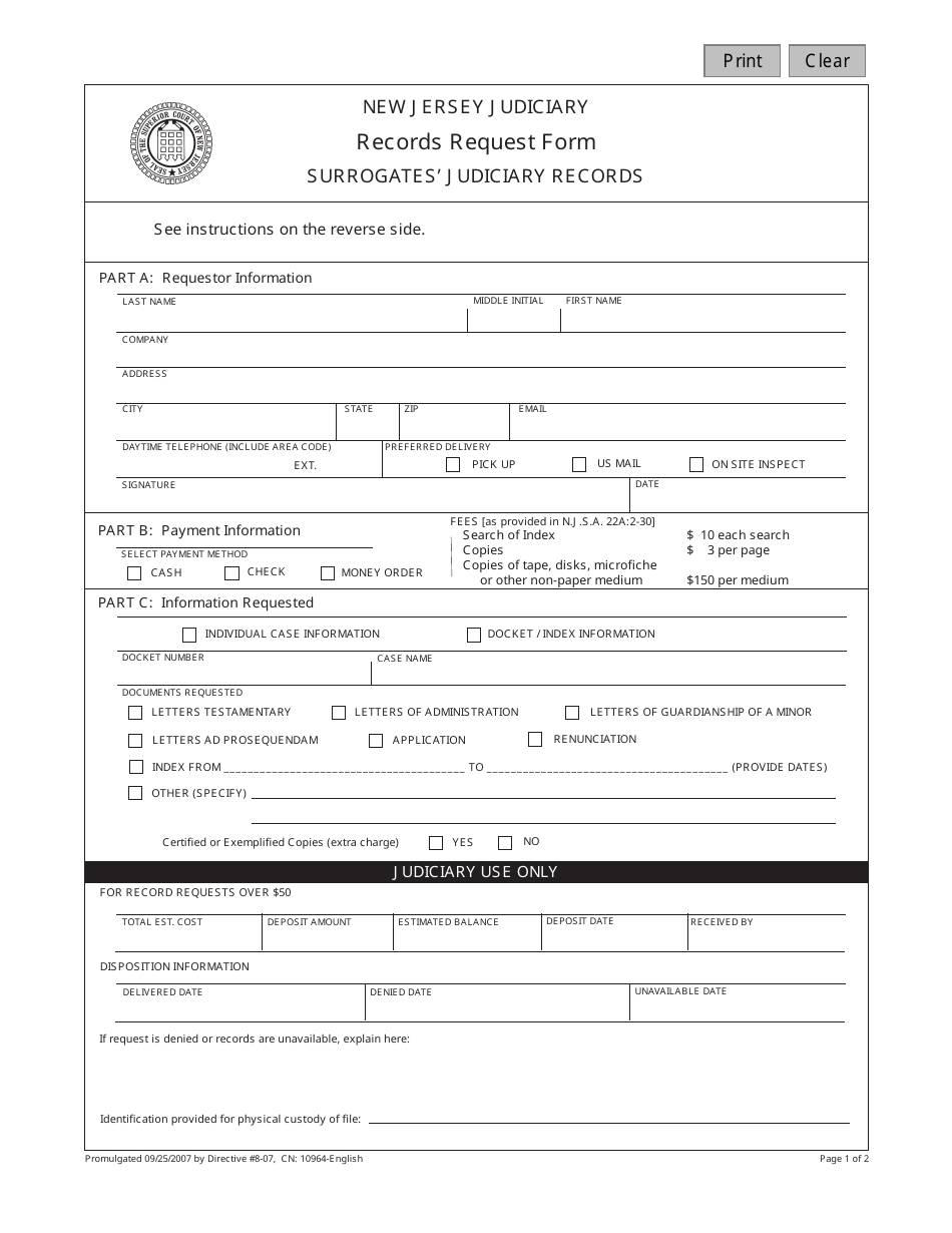 Form 10964 Surrogates Judiciary Records Request Form - New Jersey, Page 1