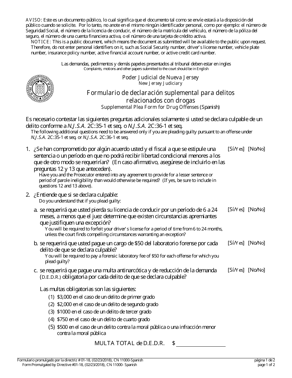 Form 11000 Supplemental Plea Form for Drug Offenses - New Jersey (English / Spanish), Page 1