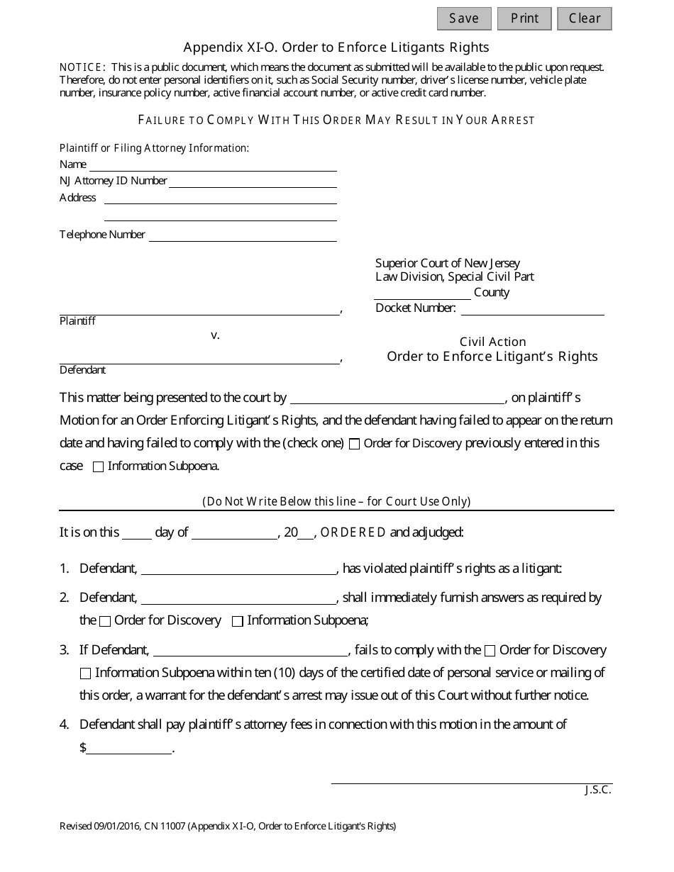 Form 11007 Appendix XI-O Order to Enforce Litigants Rights - New Jersey, Page 1
