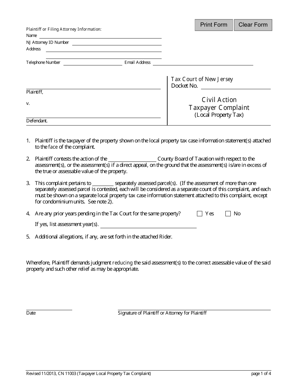Form 11003 Taxpayer Complaint (Local Property Tax) - New Jersey, Page 1
