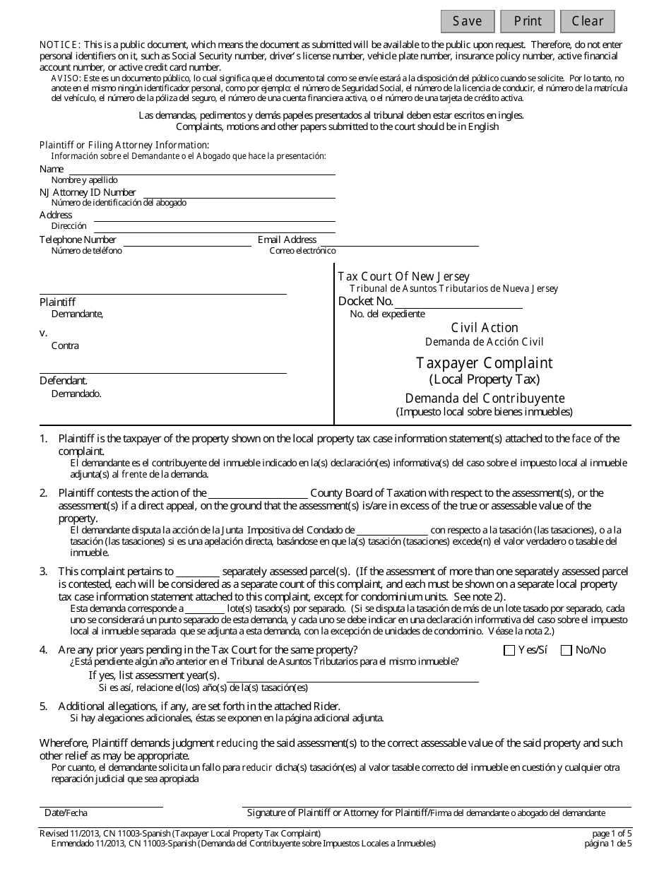 Form 11003 Taxpayer Complaint (Local Property Tax) - New Jersey (English / Spanish), Page 1