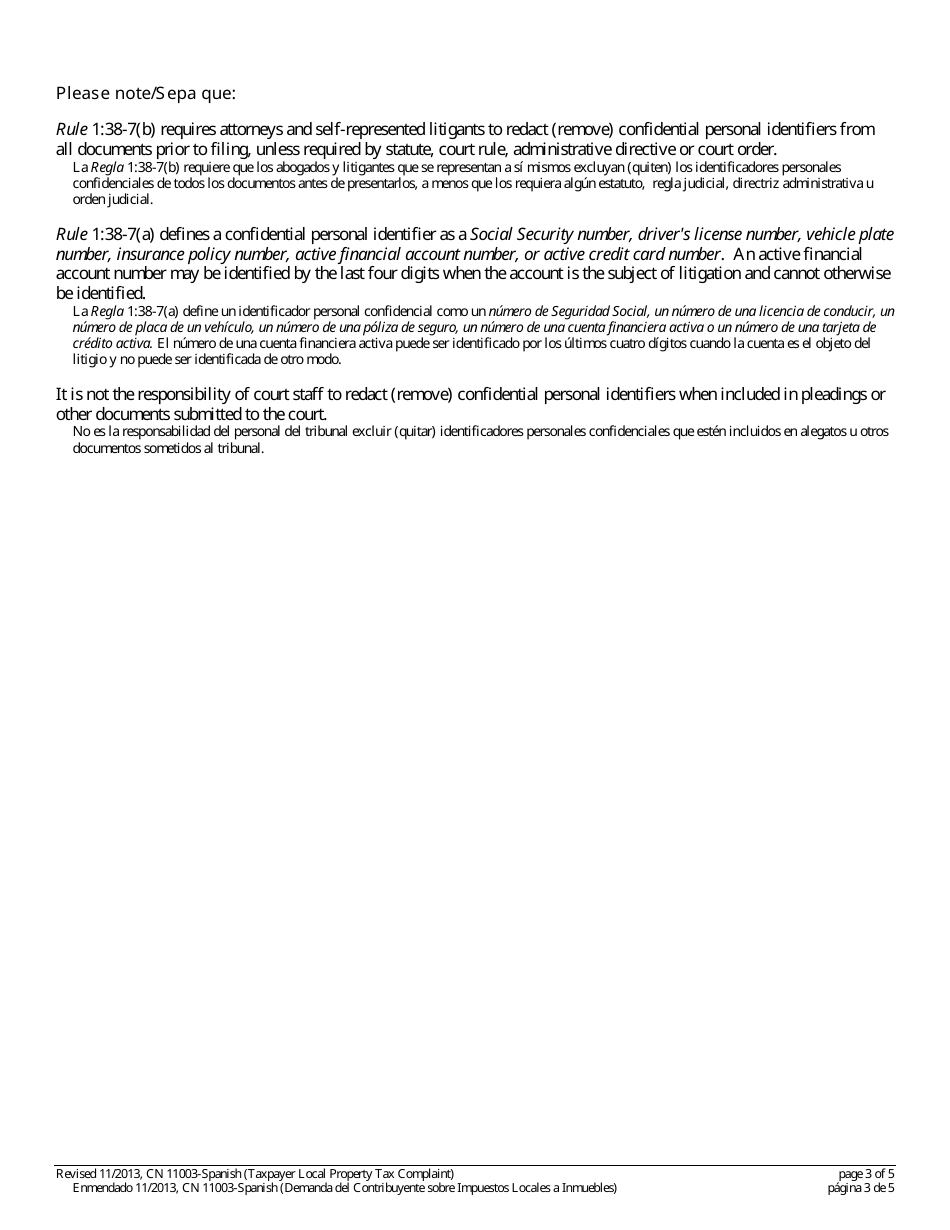 Form 11003 Taxpayer Complaint (Local Property Tax) - New Jersey (English / Spanish), Page 3