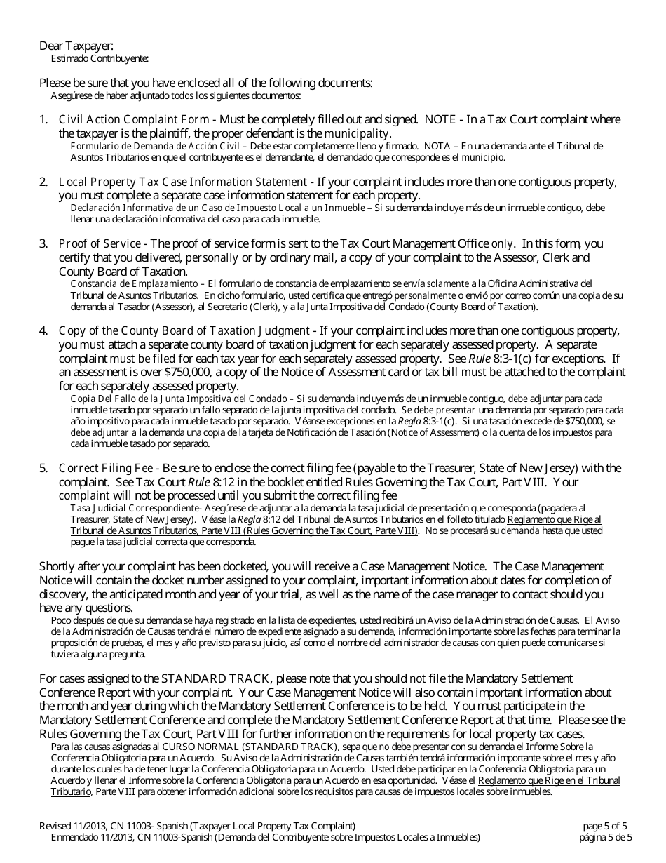 Form 11003 Taxpayer Complaint (Local Property Tax) - New Jersey (English / Spanish), Page 5