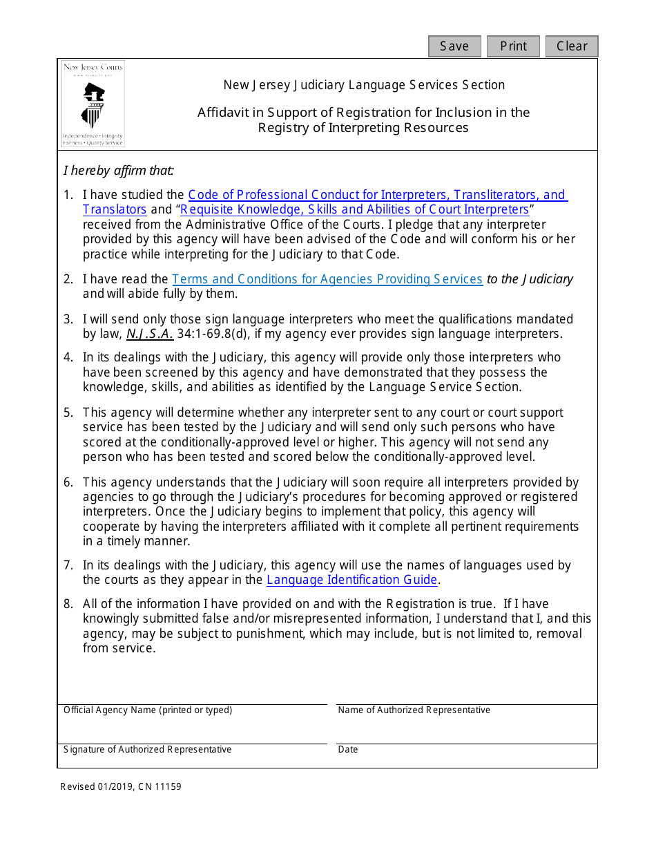 Form 11159 Affidavit in Support of Registration for Inclusion in the Registry of Interpreting Resources - New Jersey, Page 1