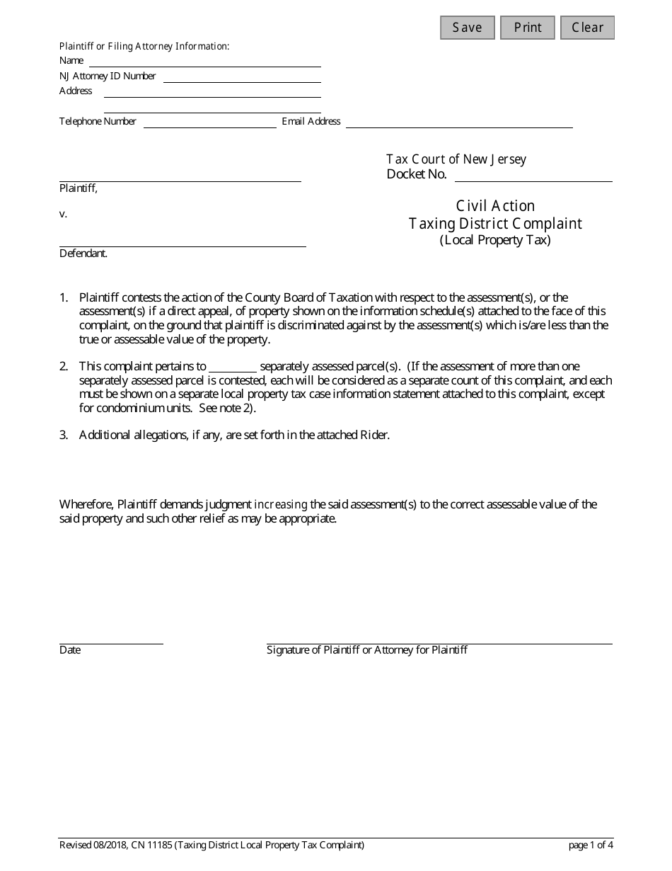 Form 11185 Civil Action Taxing District Complaint (Local Property Tax) - New Jersey, Page 1