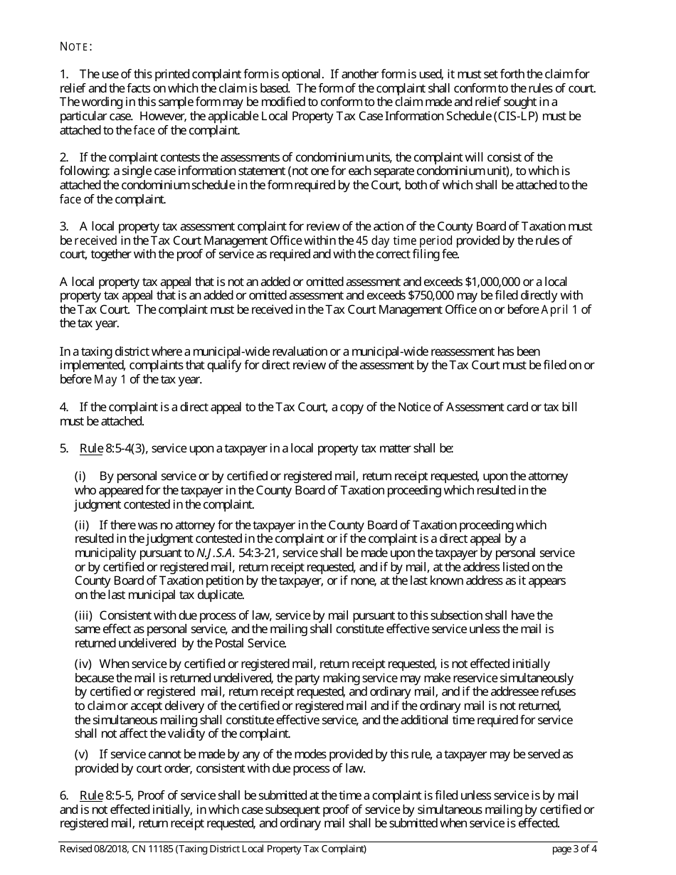 Form 11185 Civil Action Taxing District Complaint (Local Property Tax) - New Jersey, Page 3